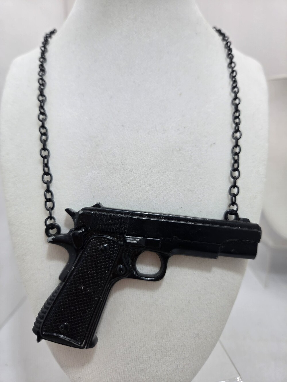 🔫🖤 Rock Rebel All-Black Pistol Gun Statement Necklace ⚡️🖤